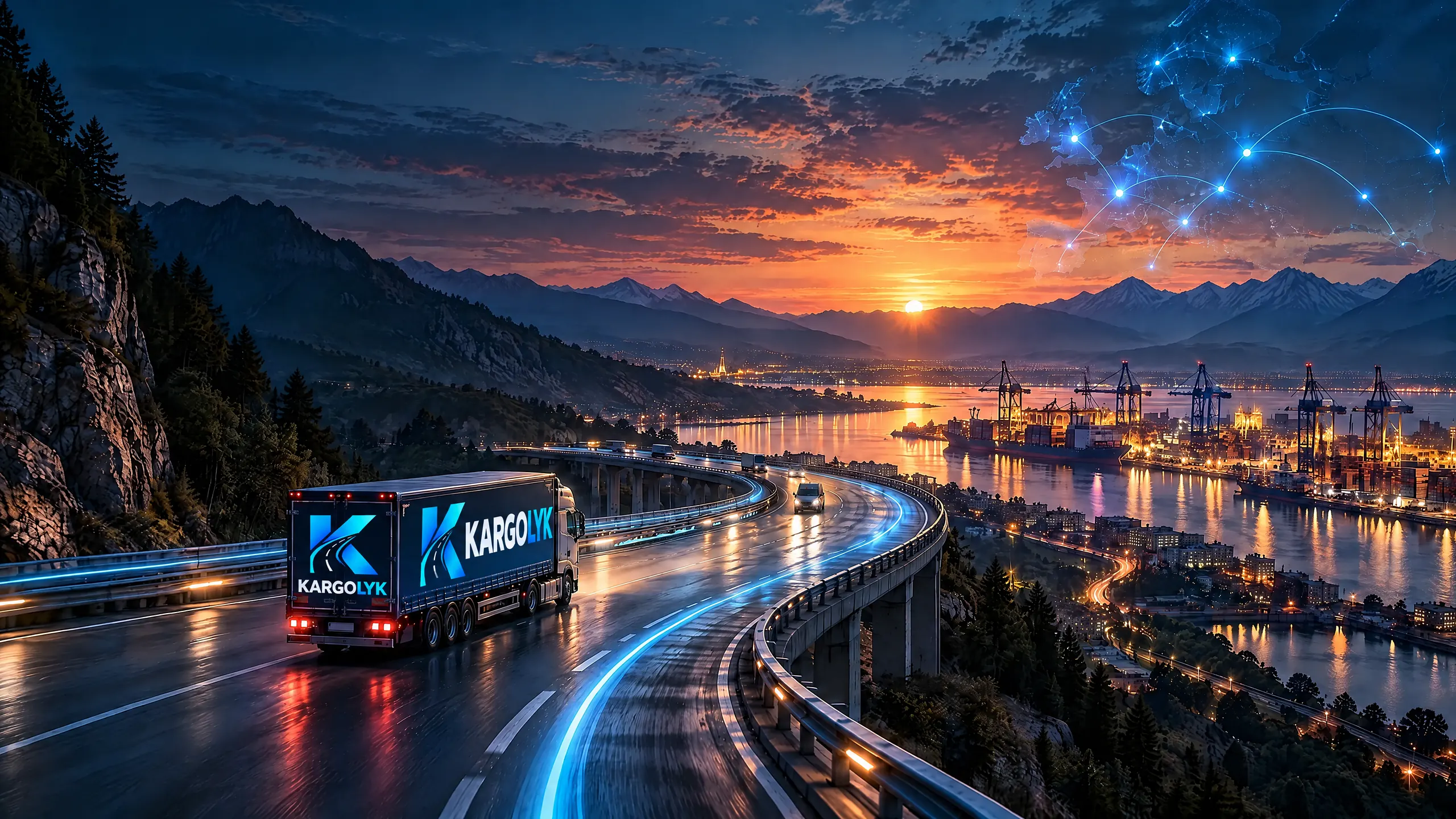 Réseau routier européen au crépuscule